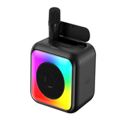 Black portable speaker with RGB lighting on a white background