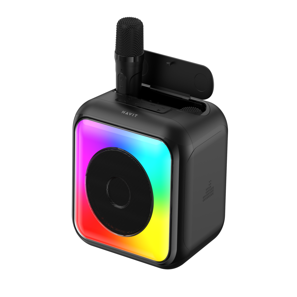 Black portable speaker with RGB lighting on a white background