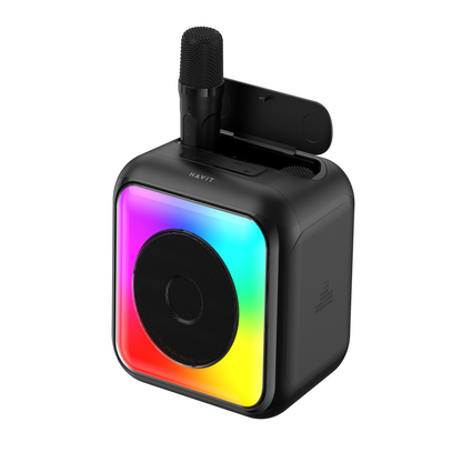 Black portable speaker with RGB lighting on a white background