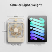 Jisulife Life1 Foldable Table Fan 2000mAh Portable USB-C Small fan next to an iPad Mini with dimensions and weight displayed