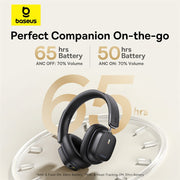 Baseus headphones with battery life display on a clock background