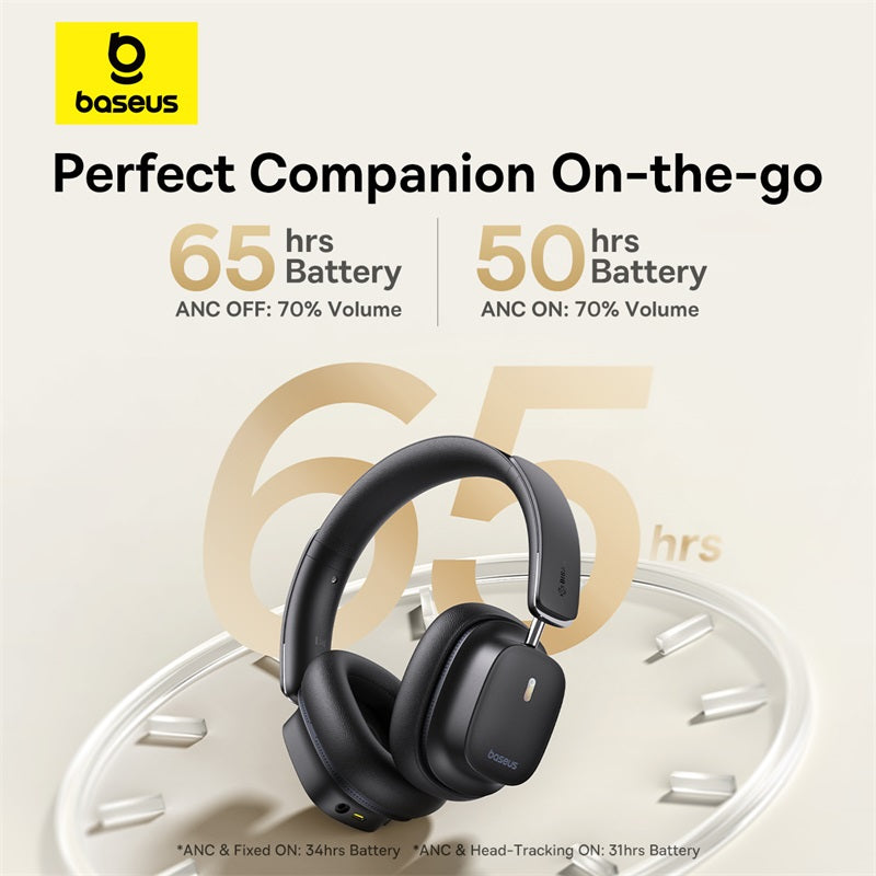 Baseus headphones with battery life display on a clock background