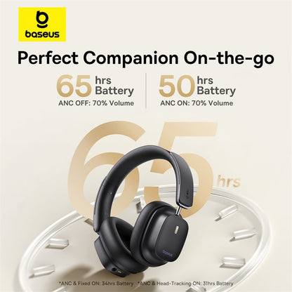 Baseus headphones with battery life display on a clock background