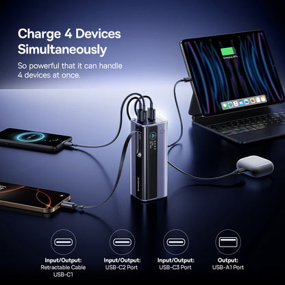 Power bank charging multiple devices with text highlighting its capability to charge 4 devices simultaneously.