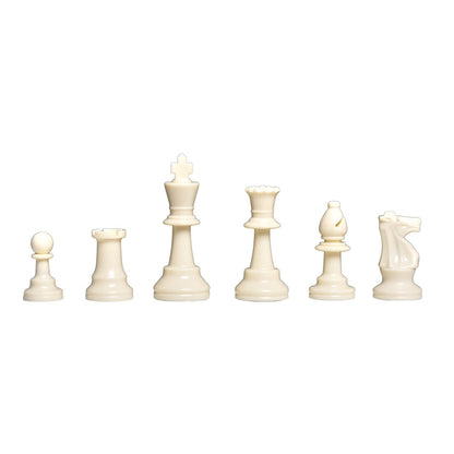 Set of white chess pieces on a white background