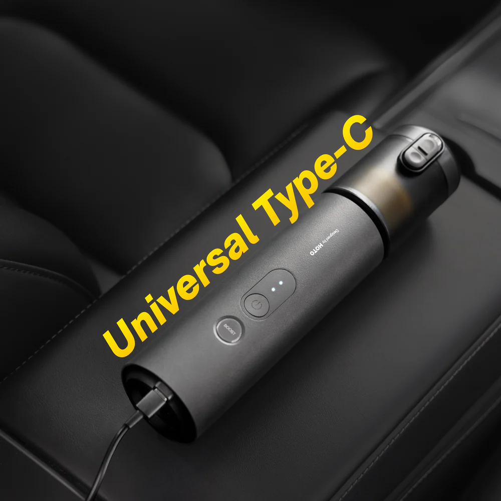 HOTO Cordless Air Duster & Vacuum, Black electronic device with 'Universal Type-C' text on a dark background