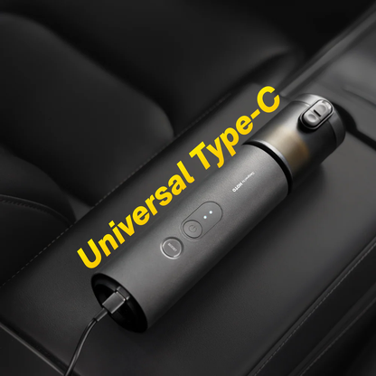 HOTO Cordless Air Duster & Vacuum, Black electronic device with 'Universal Type-C' text on a dark background