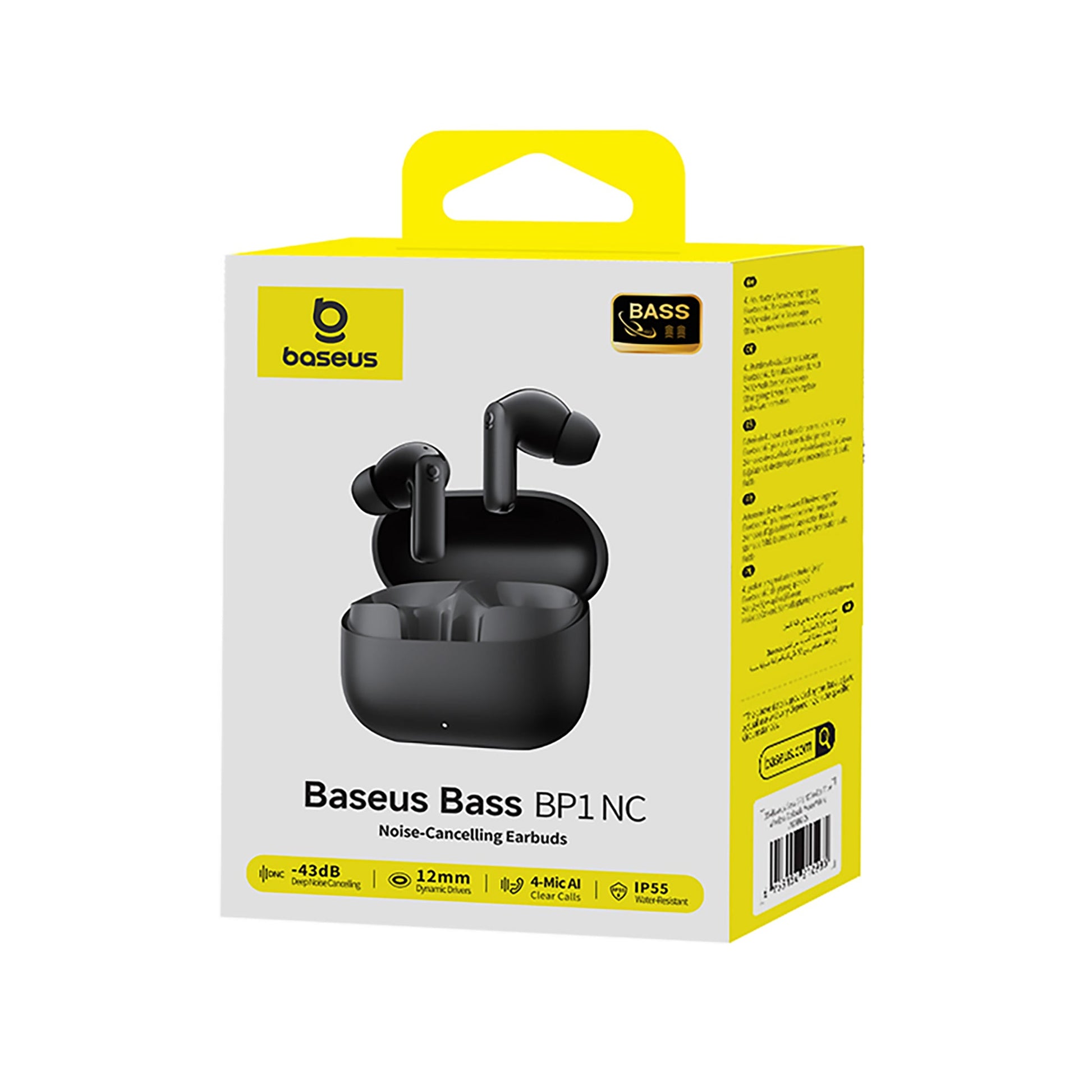 Baseus Bass BP1 NC earbud packaging with black earbuds and yellow accents on a white background