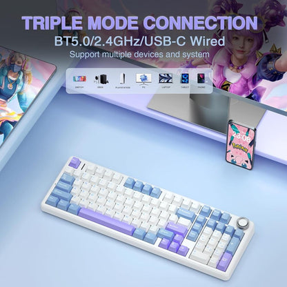 Keyboard with colorful keys on a blue surface, surrounded by promotional text about connection modes.