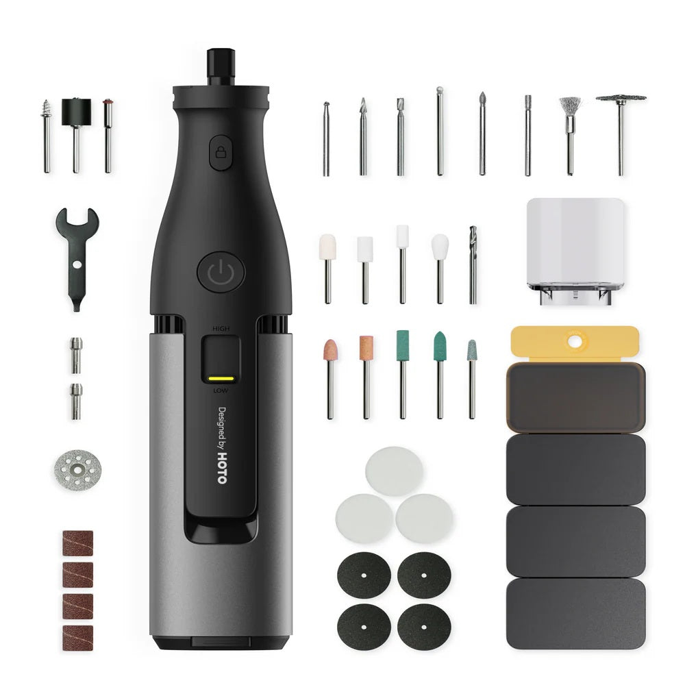 HOTO 12V Rotary Tool Kit Pro, Black and gray rotary tool with various attachments on a white background