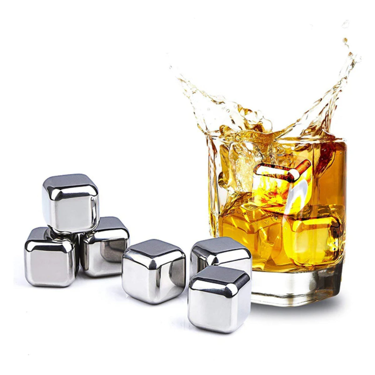 Metal ice cubes next to a glass of whiskey with a splash on a white background