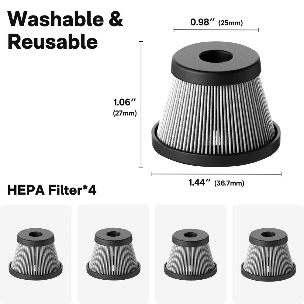 HEPA filter with dimensions and washable/reusable text on a white background