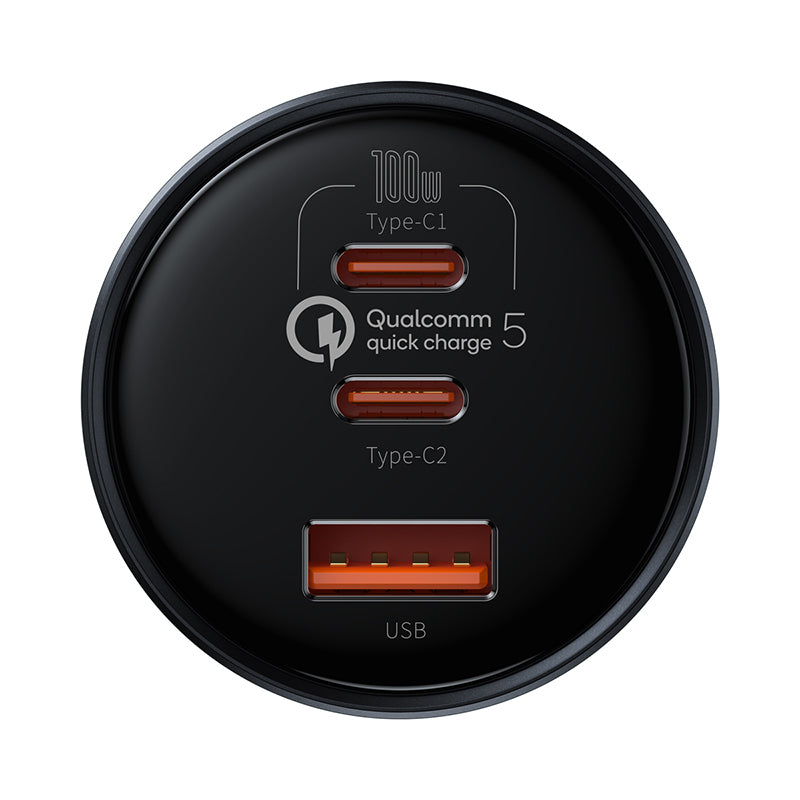 Black circular charging adapter with Qualcomm Quick Charge 5 logo on a white background