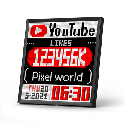 Divoom Pixoo 16×16 RGB Pixel LED Display (Smart App, Desktop & Wall Mount) Digital display board with YouTube logo and digital numbers on a white background