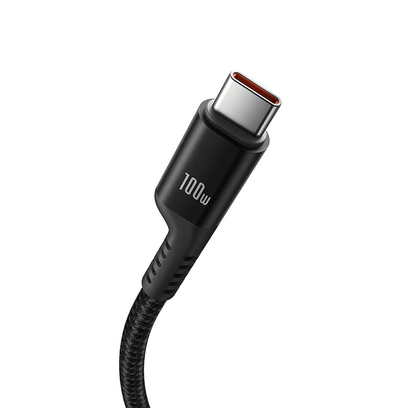 Black USB-C cable with '100W' marking on a white background