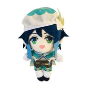 Plush toy of an animated character with blue hair and green eyes on a white background