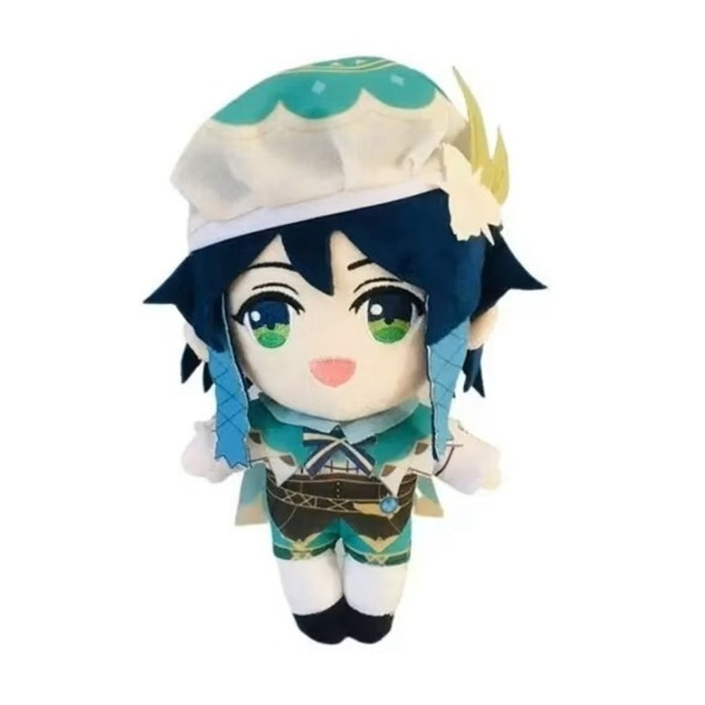Plush toy of an animated character with blue hair and green eyes on a white background