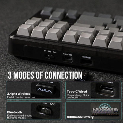 Mechanical keyboard with connectivity options on a dark surface