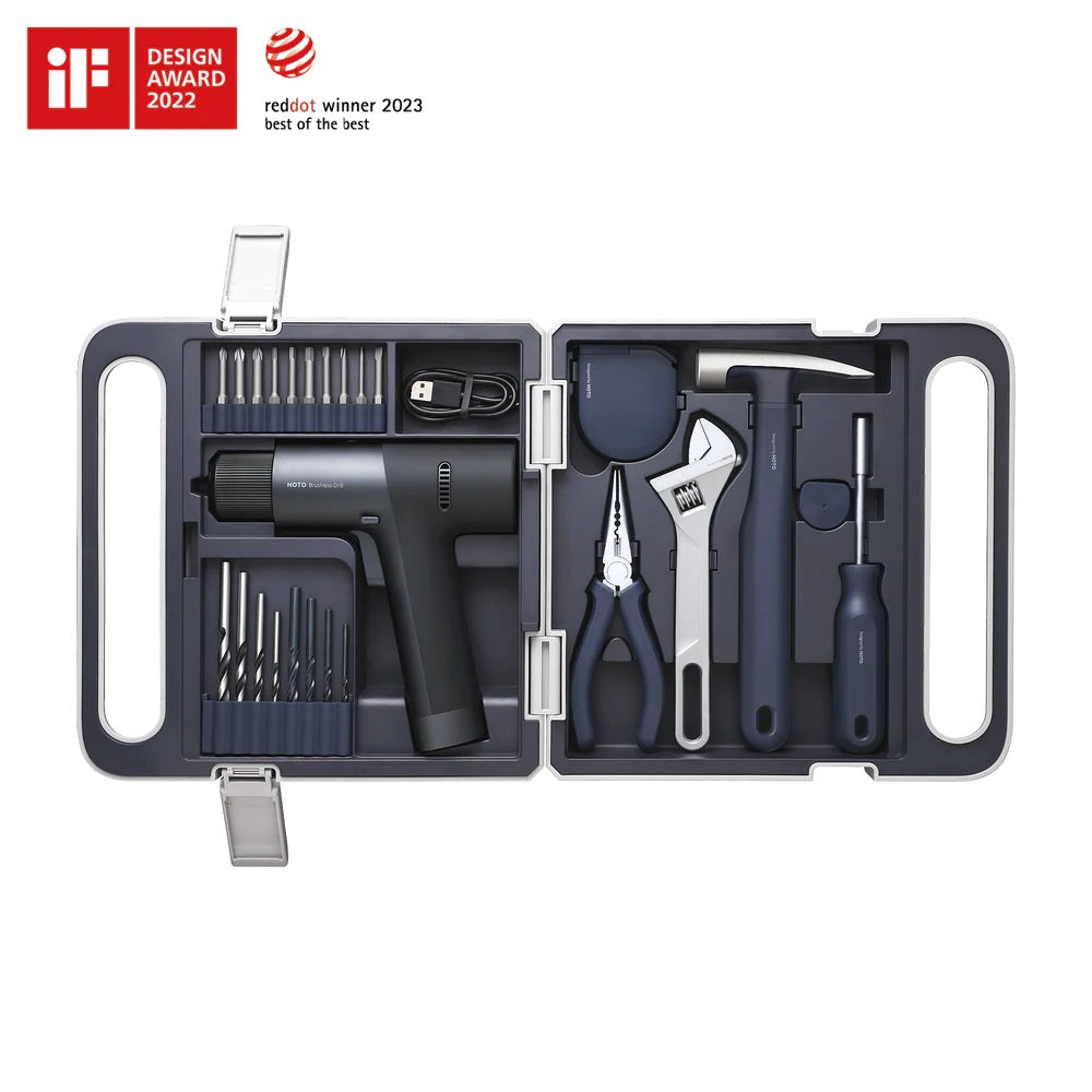 Tool kit with various tools in a case, featuring design awards on a white background.