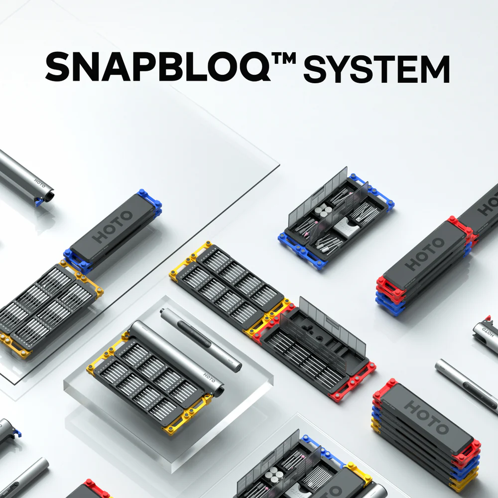 Snapbloq system components on a white background with 'Snapbloq' branding.