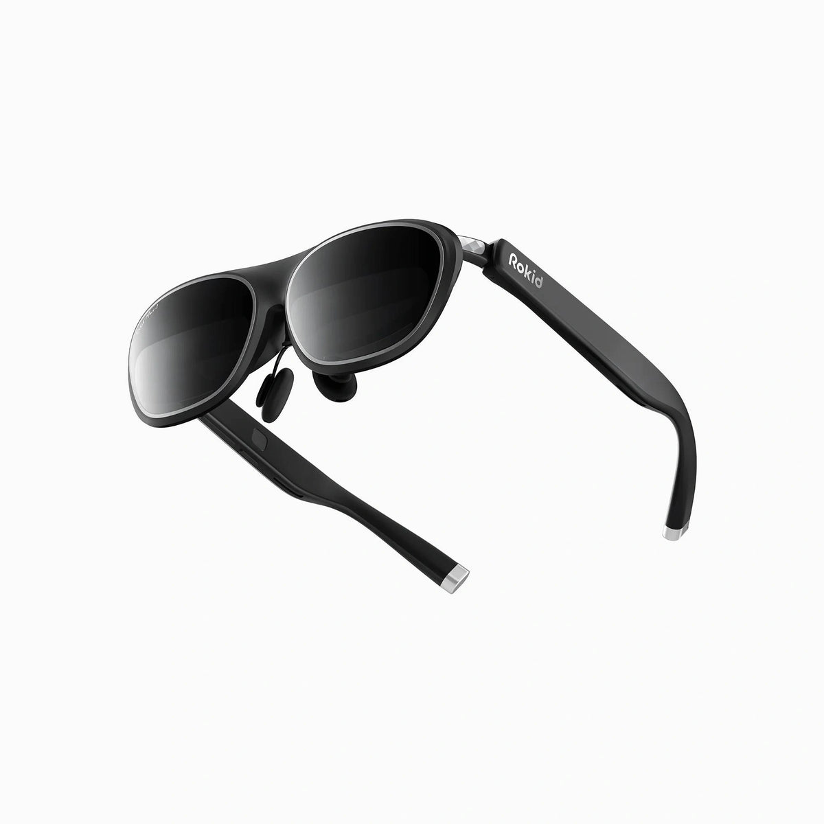 Rokid AR Spatial AR Glasses (215" Virtual Screen, 120Hz, USB‑C, Myopia Adjustment) Black sunglasses with a brand logo on a white background