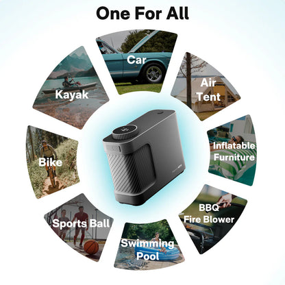 Portable power station with various outdoor activities depicted around it on a white background.