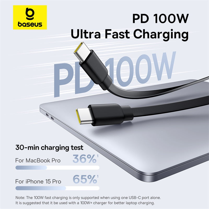 Baseus PD 100W ultra fast charging cable with a laptop, showing charging percentages.