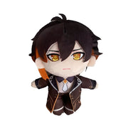 Plush toy of an anime character with dark hair and yellow eyes on a white background