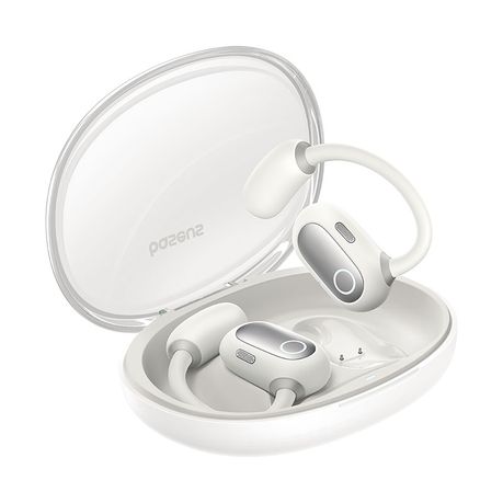 White wireless earbuds with charging case on a white background