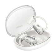 White wireless earbuds with charging case on a white background