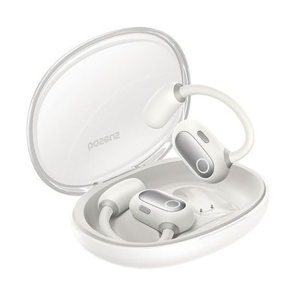 White wireless earbuds with charging case on a white background