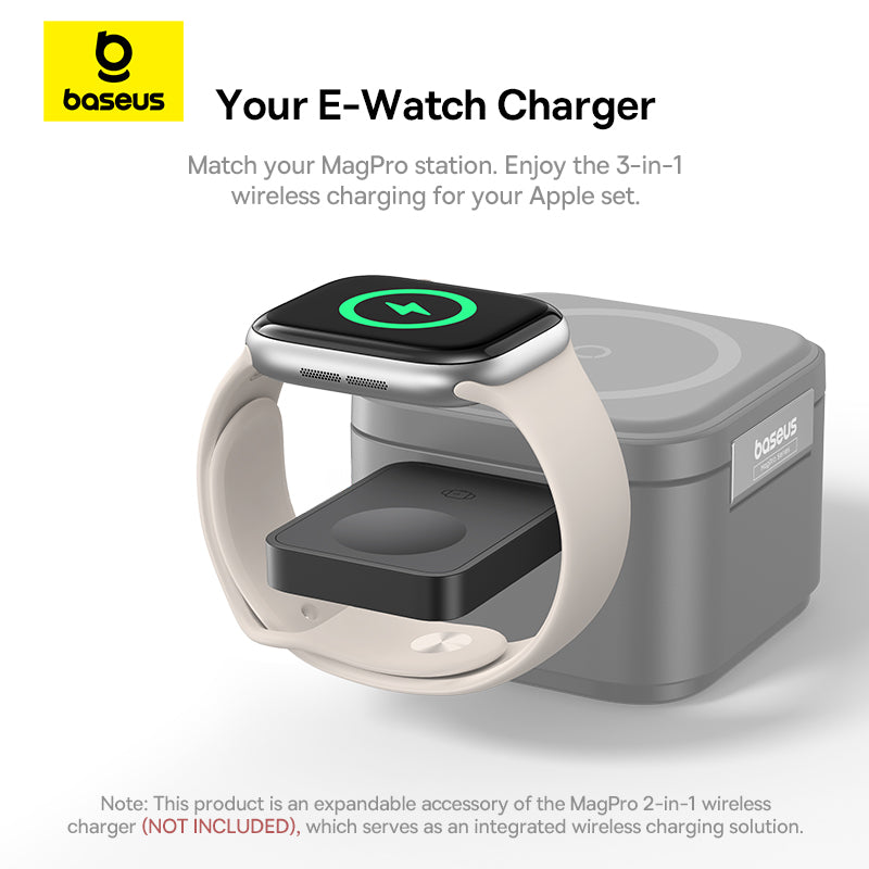 Baseus E-Watch Charger with Apple Watch on a white background