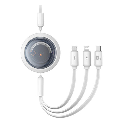 White charging cable with multiple connectors on a white background