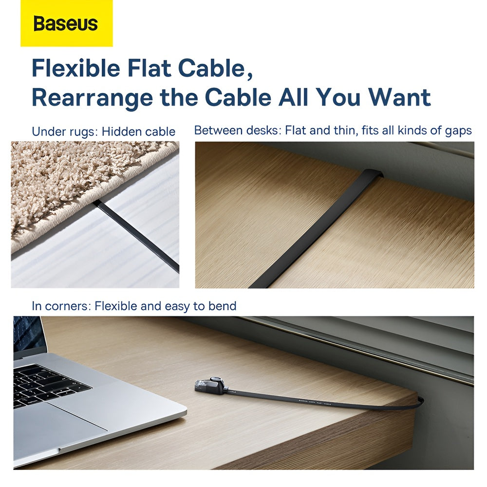 Baseus flexible flat cable advertisement with usage scenarios on a white background