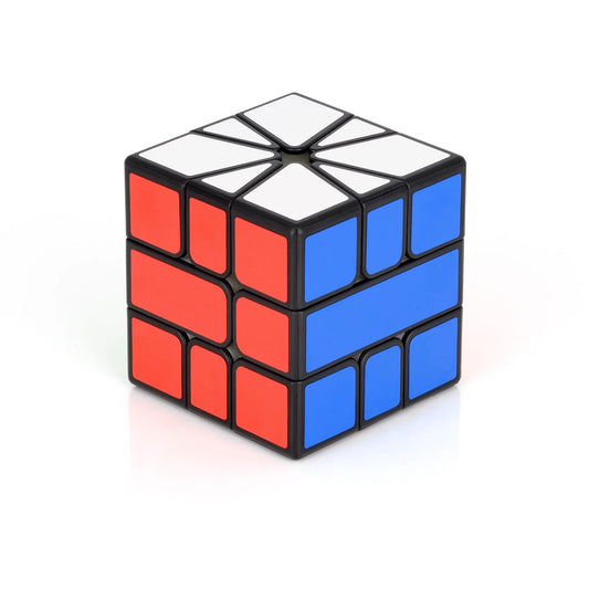 Rubik's Cube with red, blue, and white sides on a white background