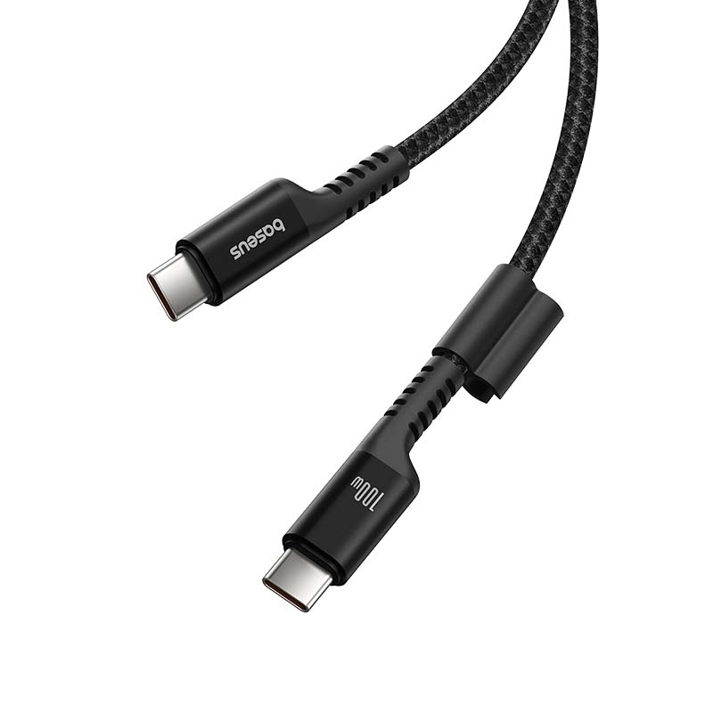 Black USB-C cable with a braided design on a white background