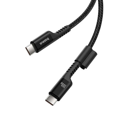 Black USB-C cable with a braided design on a white background