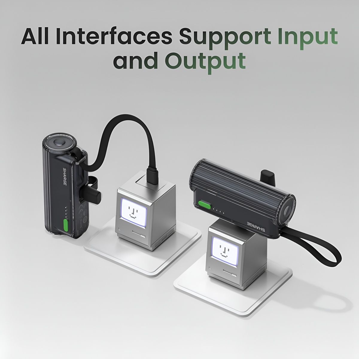 Sharge Flow Mini 2 22.5W Power Bank (5000mAh, Built‑in USB‑C & Lightning) Three electronic devices on stands with text 'All Interfaces Support Input and Output' on a gray background