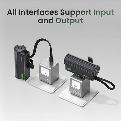 Sharge Flow Mini 2 22.5W Power Bank (5000mAh, Built‑in USB‑C & Lightning) Three electronic devices on stands with text 'All Interfaces Support Input and Output' on a gray background