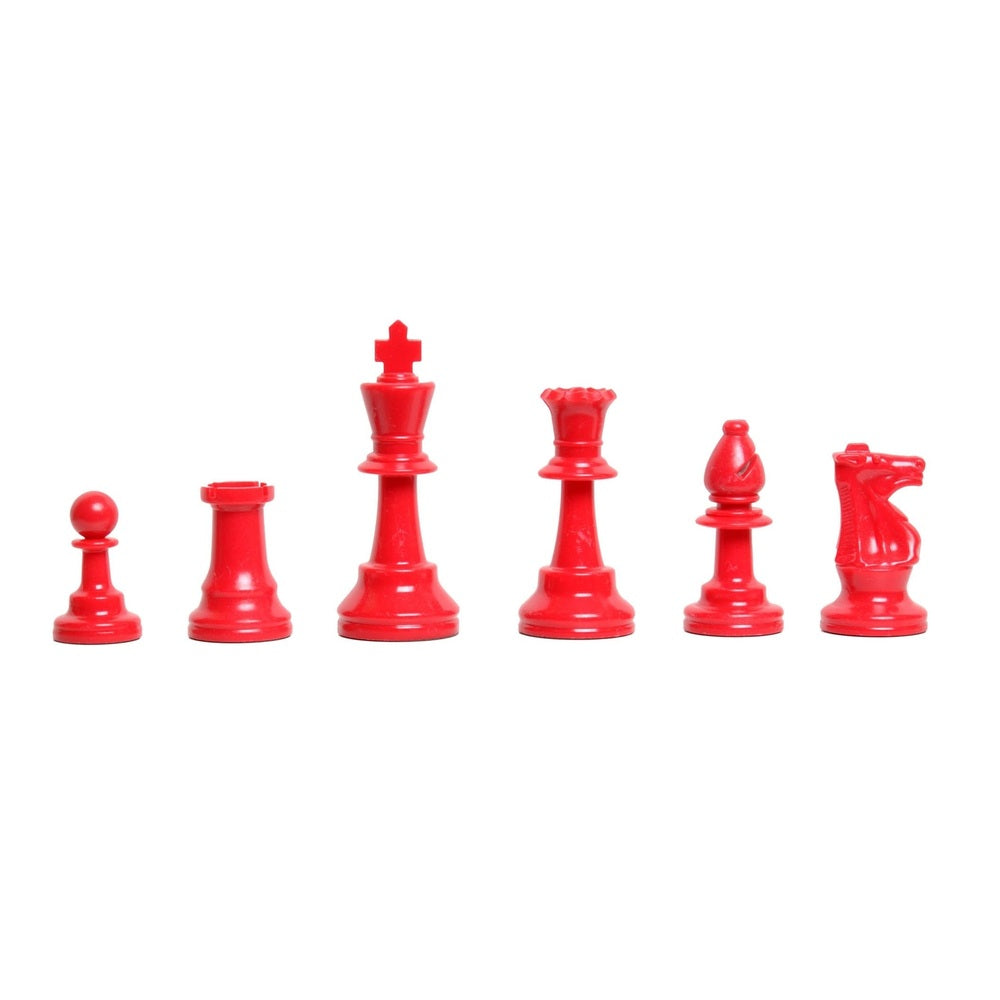 Set of red chess pieces on a white background