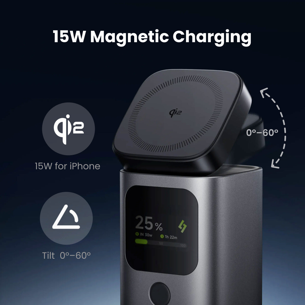 Sharge StandMag 15000 Power Bank (100W USB‑C, Qi2 MagSafe 15W, 15000mAh) 15W magnetic charging device with Q2 logo and charging progress indicator on a dark background