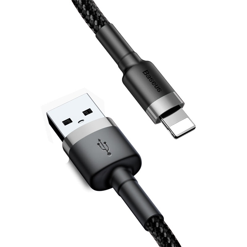 Black USB cable with Apple Lightning connector on a white background