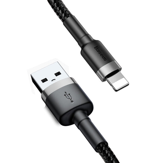 Black USB cable with Apple Lightning connector on a white background