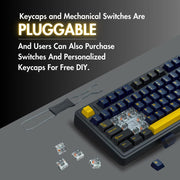 Keyboard with customizable keycaps and mechanical switches on a gray background