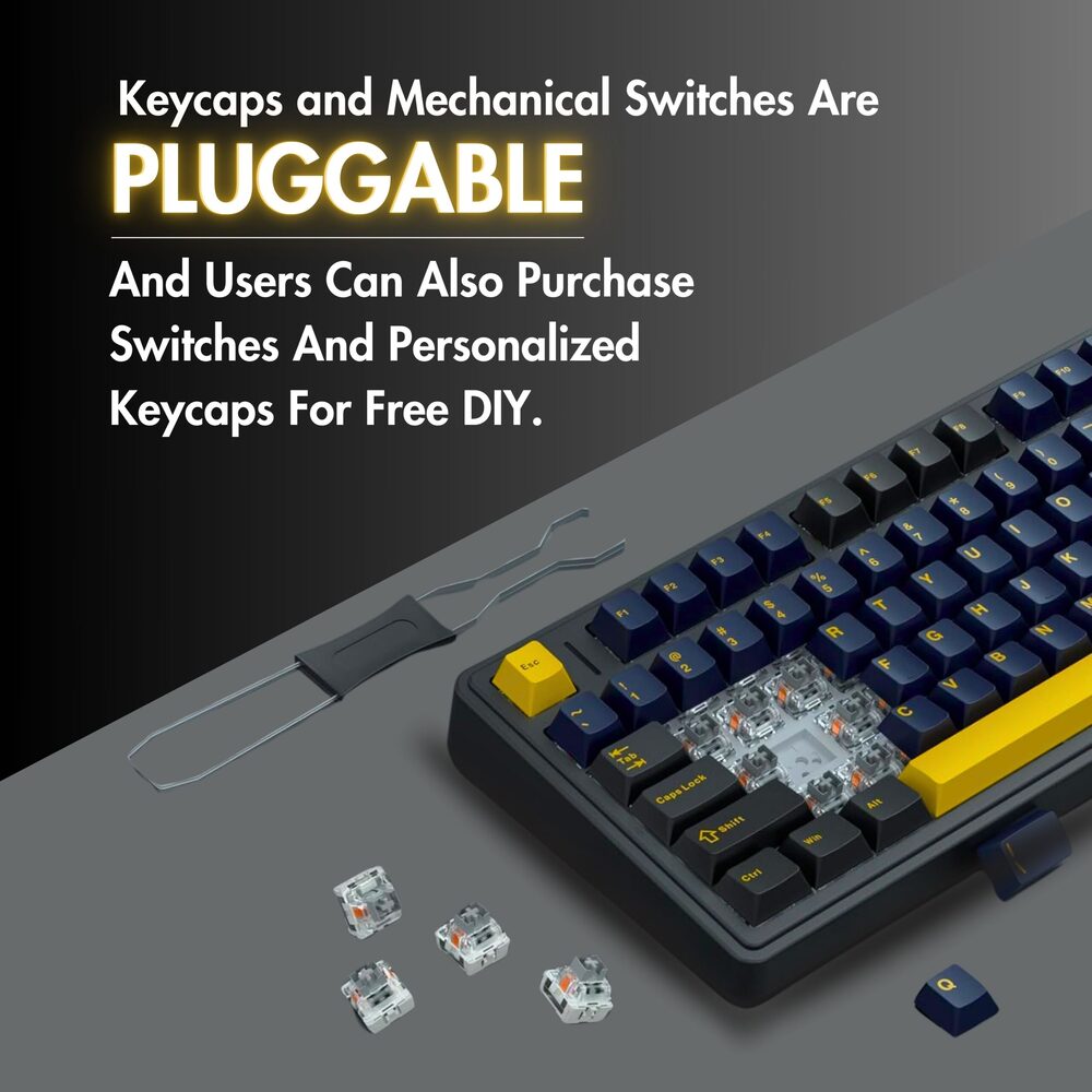 Keyboard with customizable keycaps and mechanical switches on a gray background