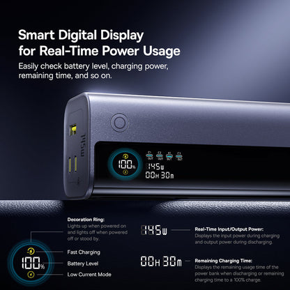 Power bank with smart digital display on a dark background