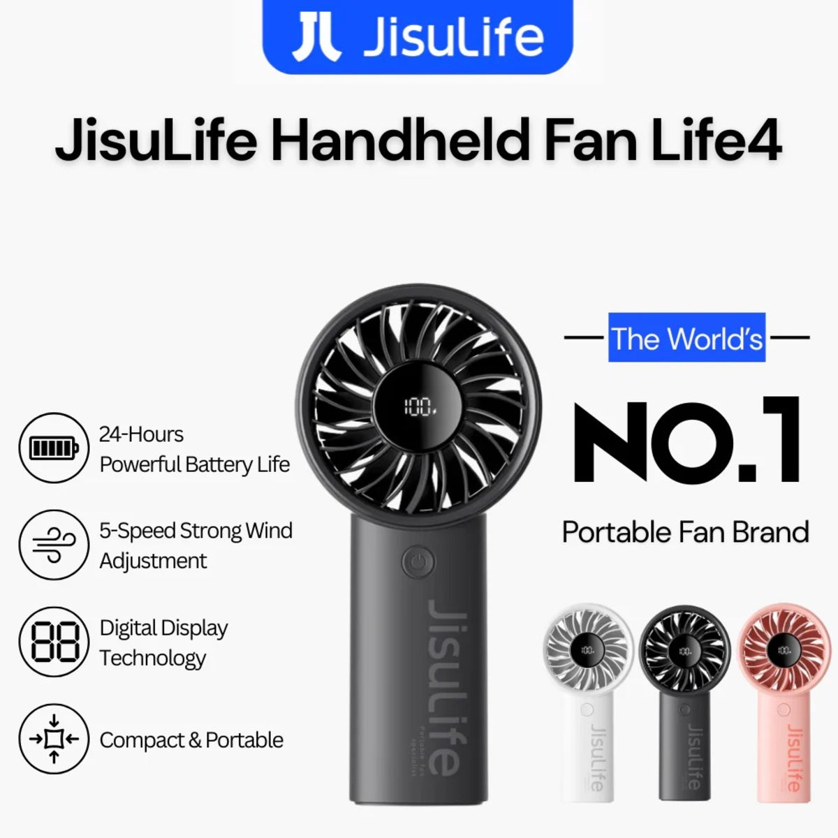 Jisulife Life4 Handheld Fan 3600mAh 5 Speed LED Display JisuLife Handheld Fan Life4 with features listed on a white background