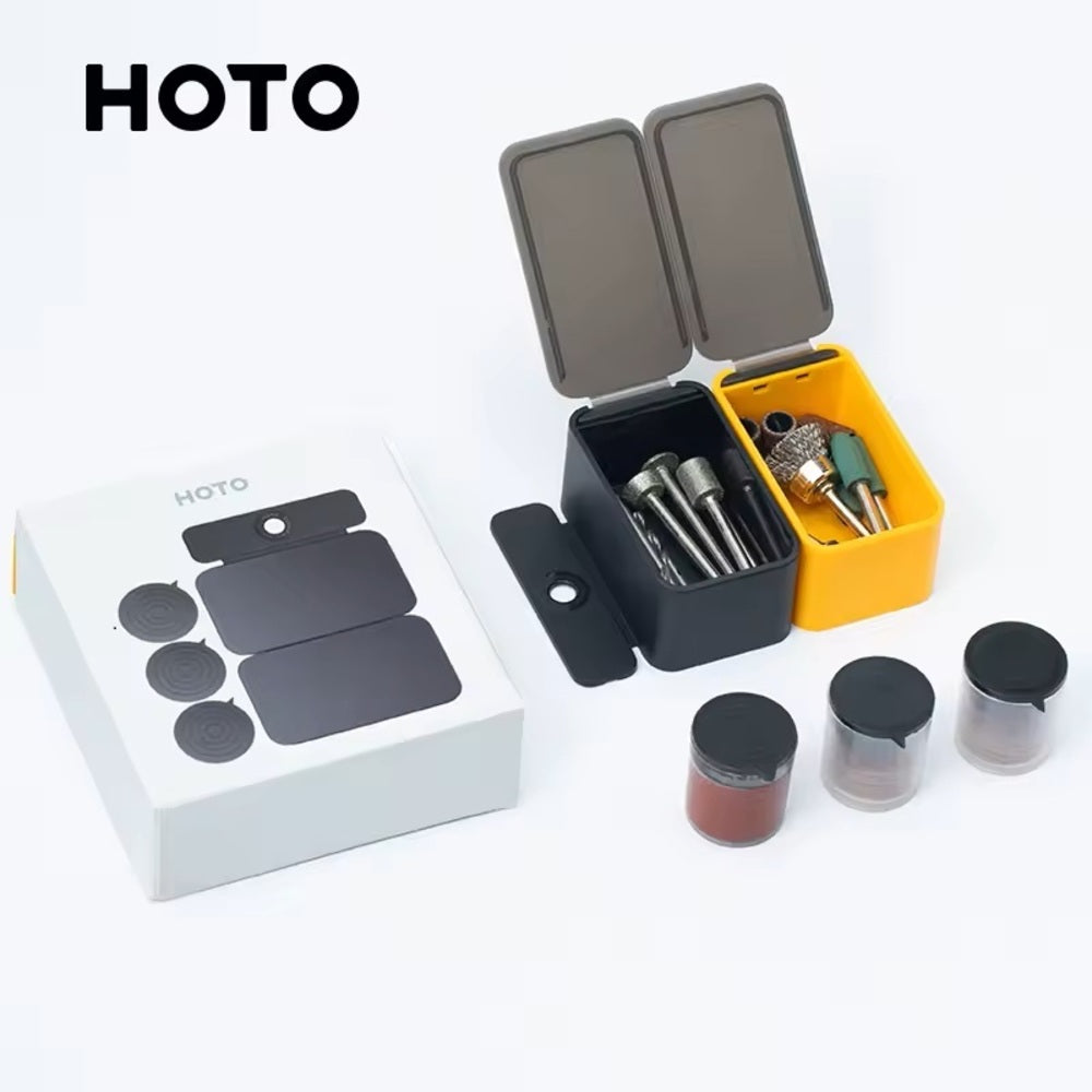 HOTO Rotary Tool Accessories Kit, HOTO makeup tool set with open case, tools, and containers on a white background
