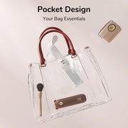 Jisulife Life8 3-in-1 Portable Fan Power Bank Torch USB-C Clear handbag with brown handles and trim, containing a phone and other items on a light background.