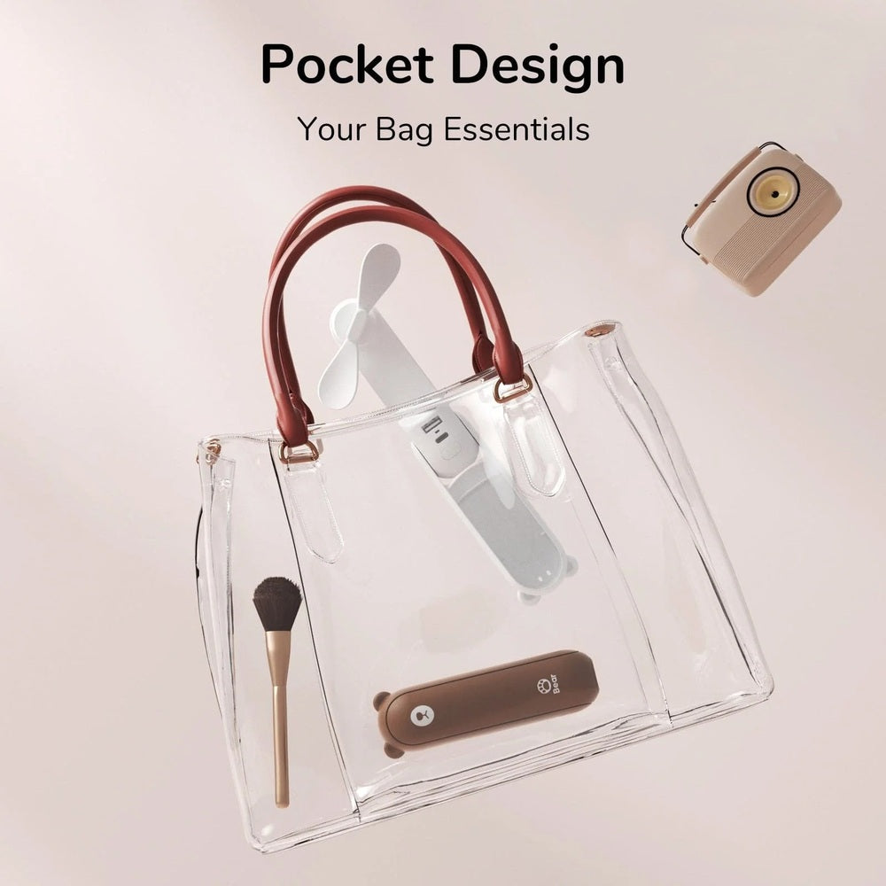 Jisulife Life8 3-in-1 Portable Fan Power Bank Torch USB-C Clear handbag with brown handles and trim, containing a phone and other items on a light background.